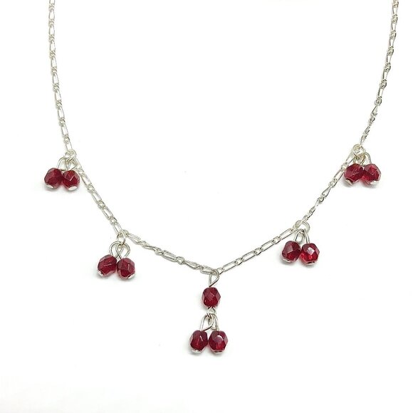 Foxy Deep Red Crystal Negligee Necklace Sterling Silver Beaded Choker Necklace - Picture 3 of 7